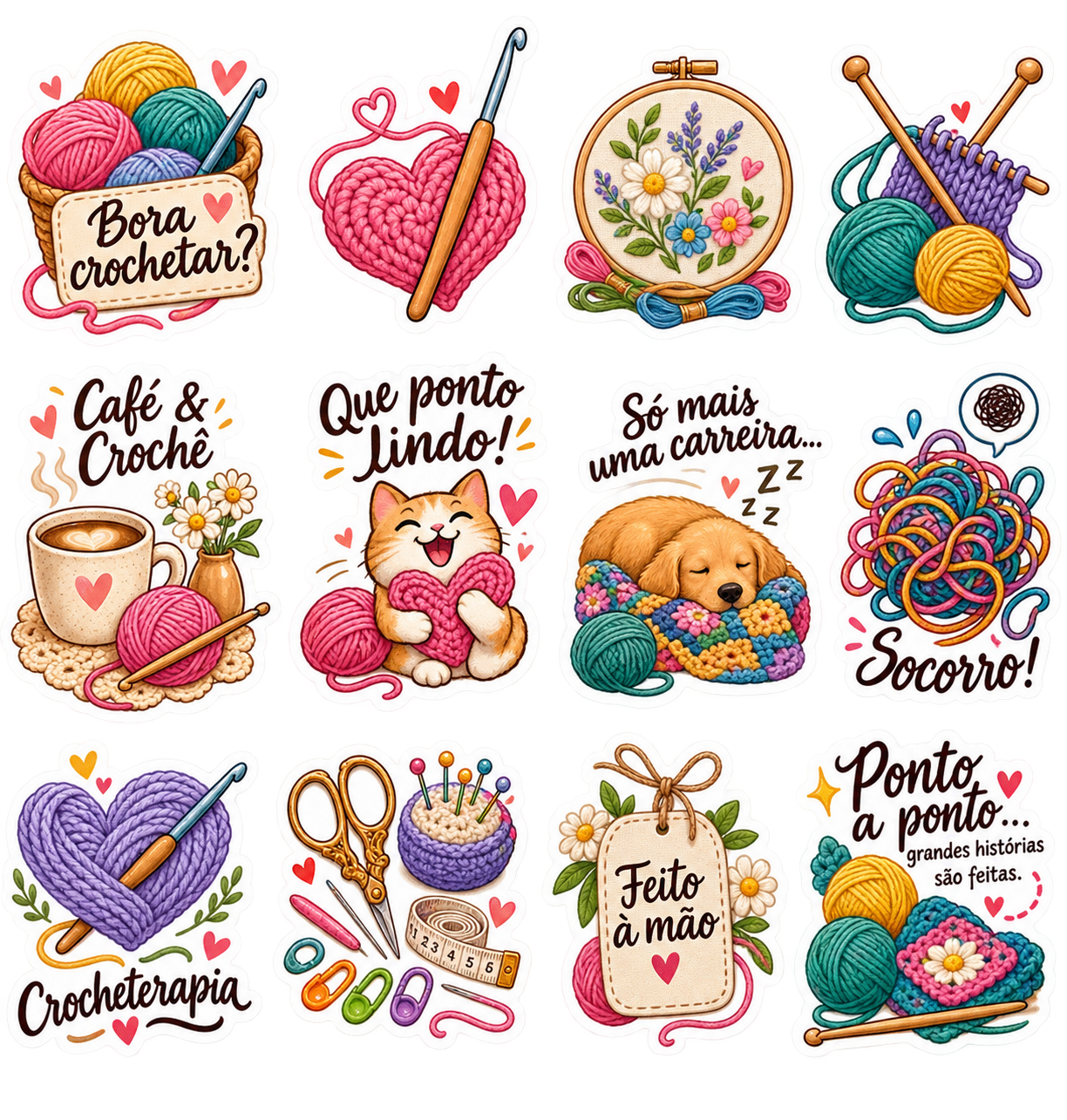 Prévia com todos os stickers disponíveis no pacote Crochêzin